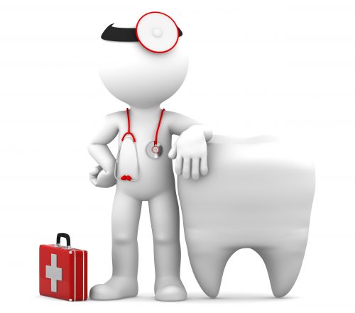 Dentist with stethoscope standing in front of big white tooth. Isolated